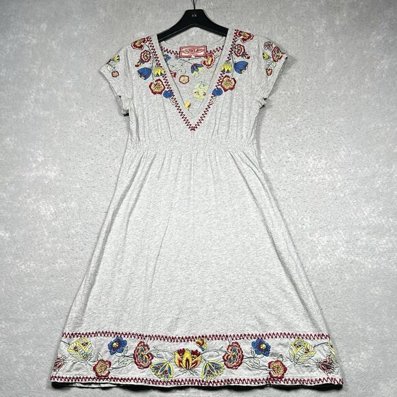 Johnny Was Dress Womens Large Gray Embroidered Boho Heart Floral Short Sleeve - Picture 1 of 12